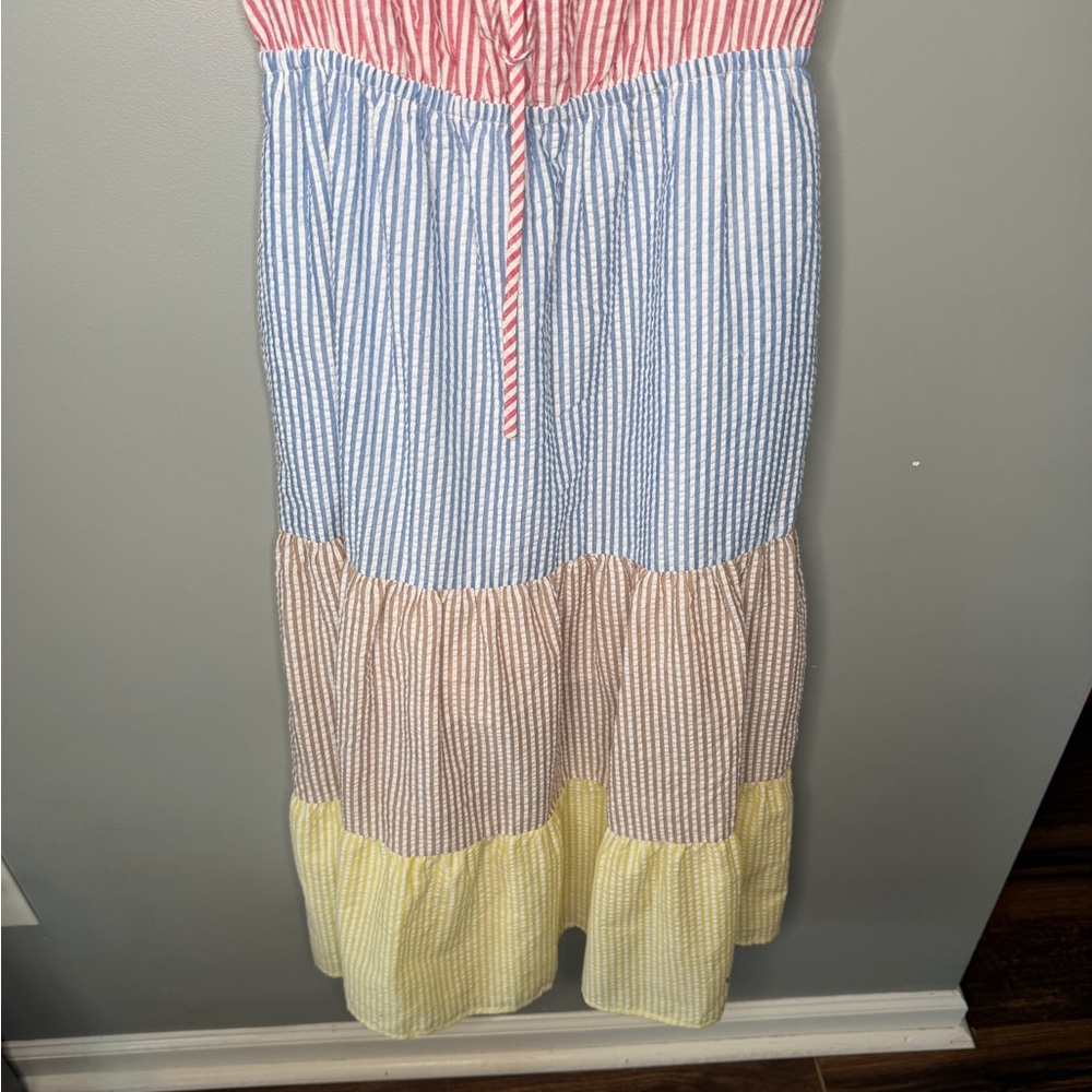 Urban Outfitters Off Shoulder Multi Seersucker Stripes Midi Dress - Picture 6 of 12